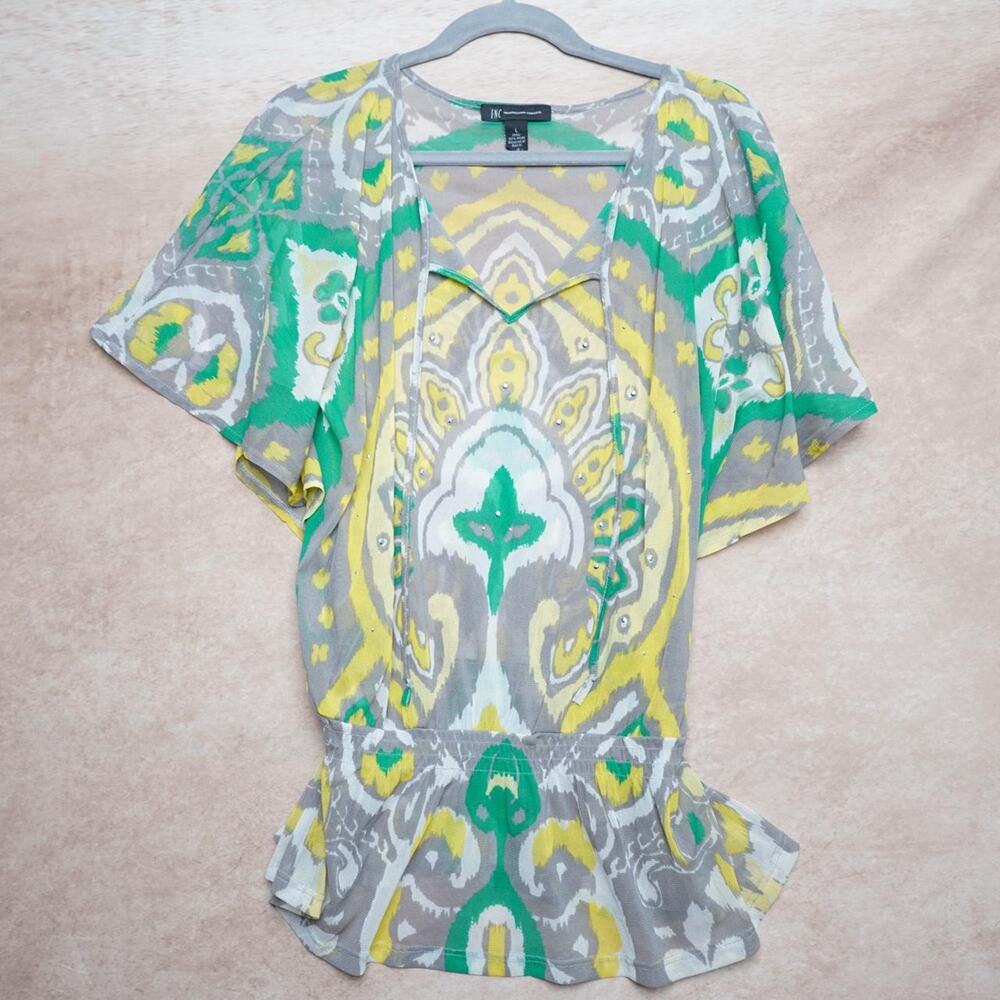 INC Printed Peplum Blouse Large Boho Y2K